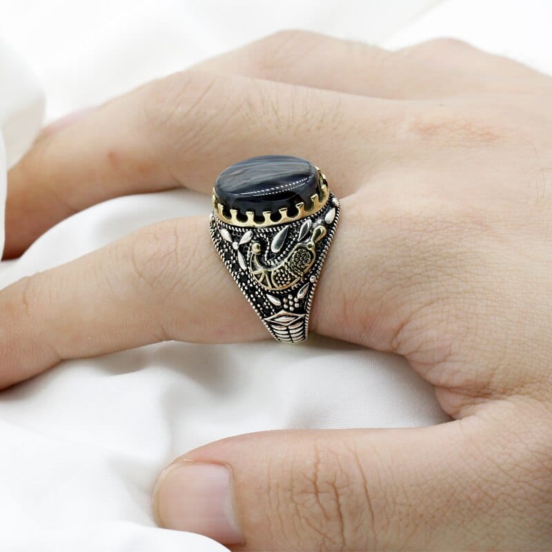 Bague Homme Pierre Agate Brillante "Lev" en Argent 925