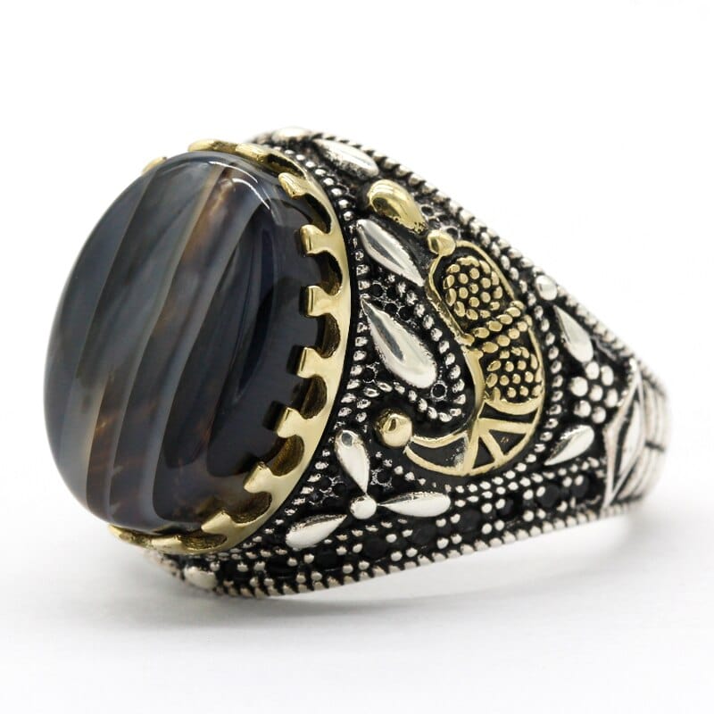 Bague Homme Pierre Agate Brillante "Lev" en Argent 925