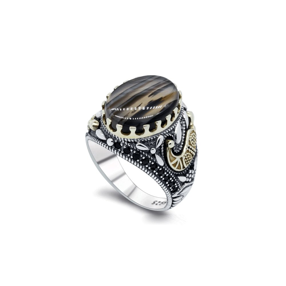 Bague Homme Pierre Agate Brillante "Lev" en Argent 925