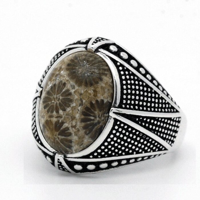 Bague Homme Pierre Corail Lumineuse "Matteo" en Argent 925