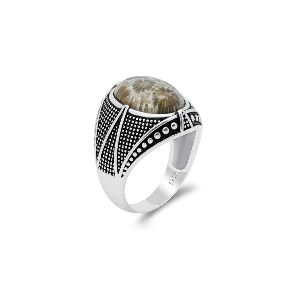 Bague Homme Pierre Corail Lumineuse "Matteo" en Argent 925