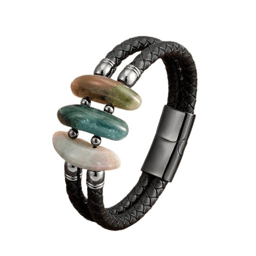 Bracelet Agate "Rosabel" en Cuir et Acier
