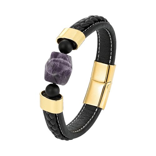 Bracelet Améthyste "Gigi" Acier et Cuir