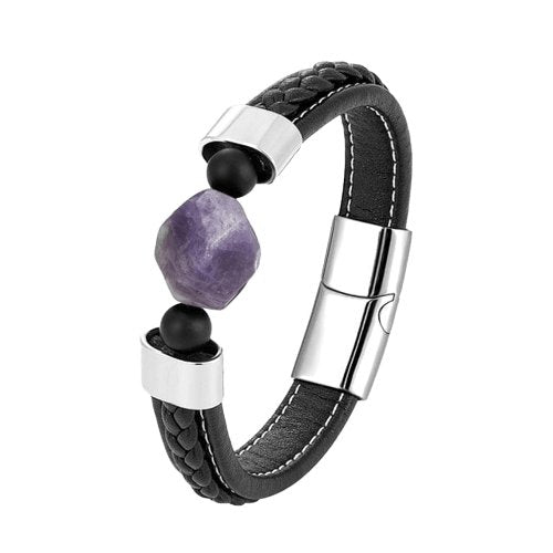 Bracelet Améthyste "Meg" Acier et Cuir