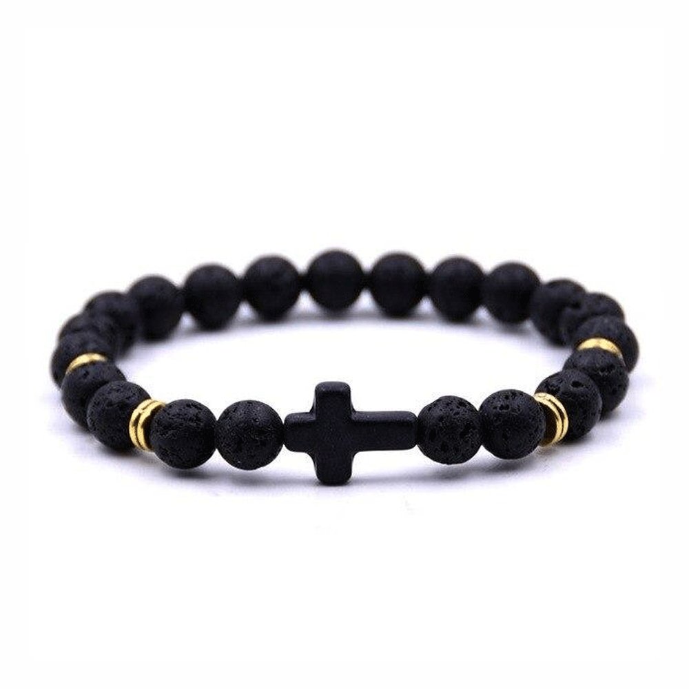 Bracelet Perles Et Croix Pierre De Lave
